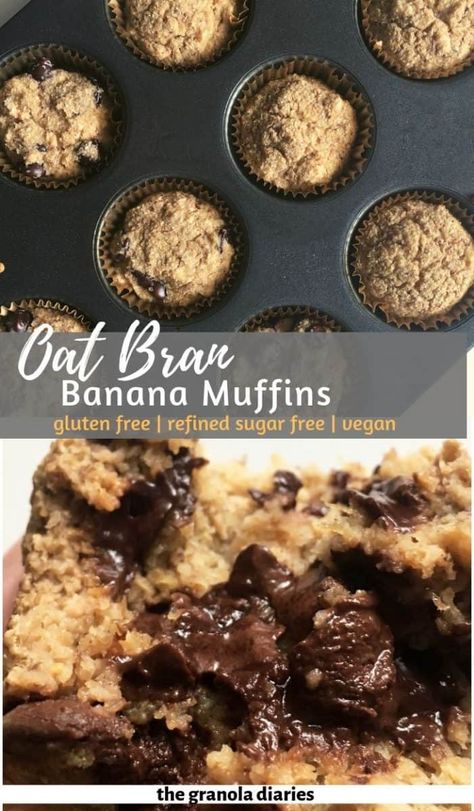 healthy oat bran banana muffins #vegan #glutenfree #oatbran #bananamuffins Bran Banana Muffins, Banana Oat Bran Muffins, Banana Muffins Gluten Free, Banana Muffins Vegan, Oat Bran Muffin Recipe, Leap Recipes, Oat Bran Recipes, Sugar Free Baking Recipes, Gf Muffins