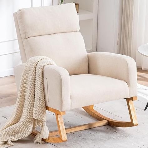 YUUIJOAA Nursery Rocking Glider Chair - Modern Accent Chairs Upholstered Linen Rocker Padded Armchair with Side Pocket for Living Room Bedroom Beige Glider Rocking Chair, Childrens Rocking Chairs, Modern Rocking Chair, High Back Armchair, Comfy Armchair, Rocking Chair Nursery, Rocker Chairs, Nursery Chair, Living Room Lounge