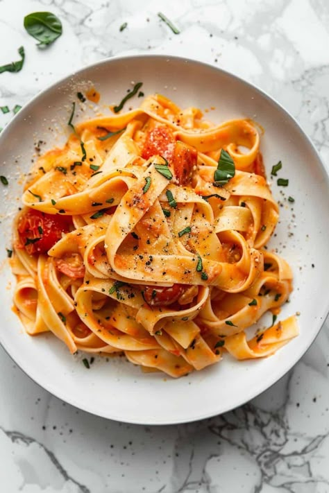 A plate of Tuscan-Style Creamy Tomato Fettuccine, showcasing perfectly cooked noodles coated in a smooth tomato cream sauce, topped with fresh herbs. Creamy Tuscan Pasta, Tuscan Pasta, Fresh Tomato Pasta, One Pot Pasta Recipes, Best Pasta Recipes, Pasta Ingredients, Yummy Pasta Recipes, Summer Dishes, Pasta Sauce Recipes