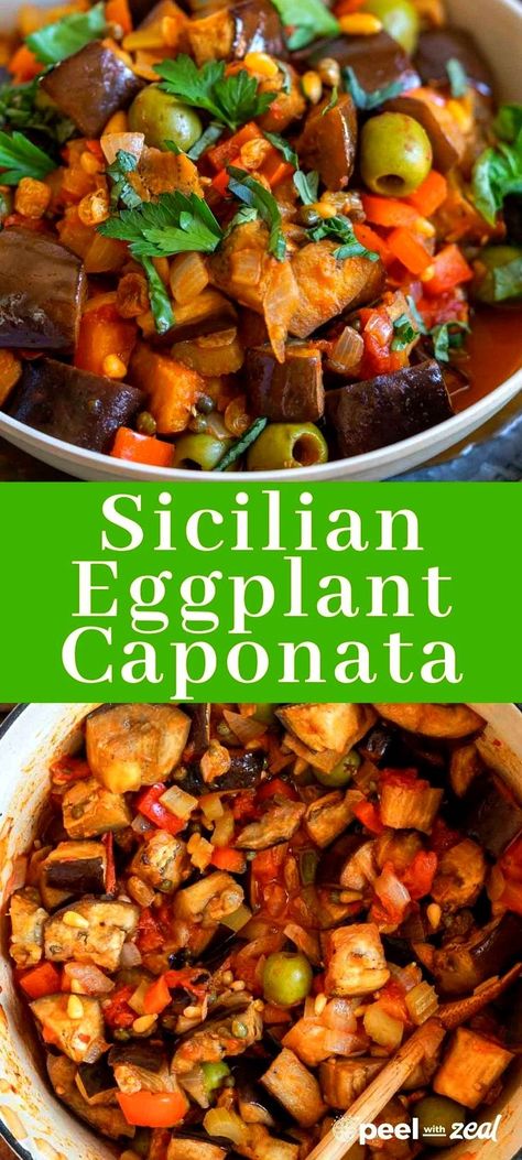 This Sicilian eggplant caponata dish offers a straightforward yet flavorful appetizer option. It consists of roasted eggplant and sautéed vegetables, combined with savory green olives and capers, toasted pine nuts, and plump golden raisins, all simmered in a zesty tomato sauce. Sicilian Caponata Recipe, Eggplant Caponata Recipe, Sicilian Eggplant, Caponata Recipe, Eggplant Appetizer, Gluten Free Recipes Appetizers, Sauteed Eggplant, Easy Eggplant, Capers Recipe