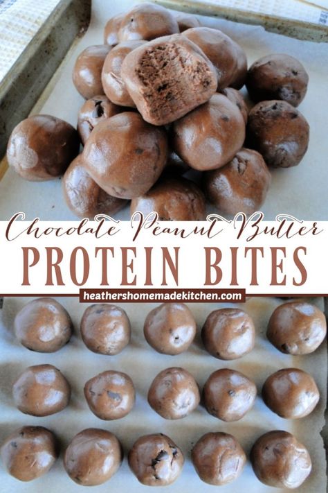 Chocolate Peanut Butter Protein Bites on sheet pan and piled with bite taken out of one. Hi Protein Snacks, Peanut Butter Protein Bites, Peanut Butter Protein Cookies, Peanut Butter Energy Bites, Chocolate Covered Peanuts, Homemade Recipes Dessert, Peanut Butter No Bake, Extra Protein, Guilt Free Snacks