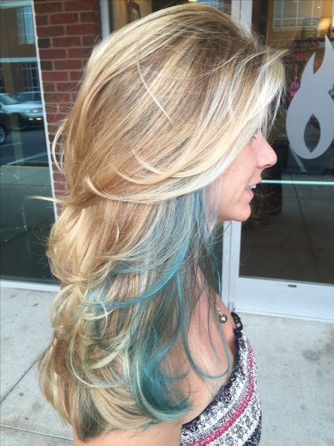 Long layers blonde balayage with a teal streak Blonde Streaks Hair, Teal Hair Streaks, Streaks Hair Color, Streaks In Hair, Hair Streaks Blonde, Teal Hair Highlights, Streaks Hair, Blonde And Blue Hair, Honey Blonde Hair Color