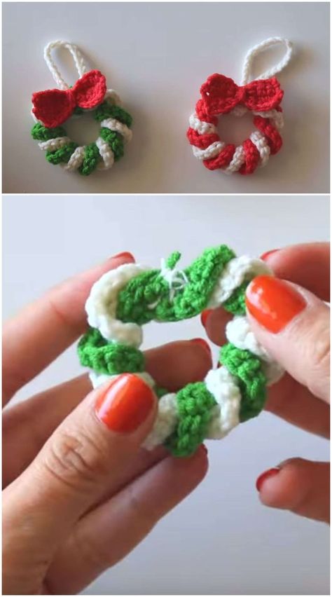 Crochet Tiny, Crochet Christmas Wreath, Crochet Christmas Ornaments Free, Crochet Ornament Patterns, Crocheted Christmas, Crochet Wreath, Crochet Christmas Gifts, Crochet Xmas, Crochet Christmas Decorations