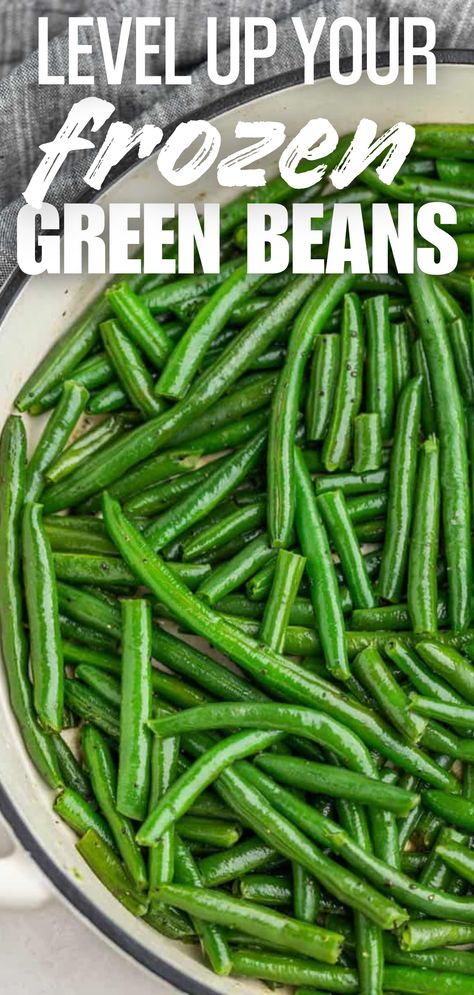 An overhead close up view of a pan of green beans. Frozen Green Beans Crock Pot, How To Make Frozen Green Beans Taste Good, Crockpot Green Beans Frozen, Recipes With Frozen Green Beans, Best Way To Cook Frozen Green Beans, How To Cook Frozen Green Beans On Stove, Frozen String Bean Recipes, Green Beans Frozen Recipes, Crock Pot Frozen Green Beans