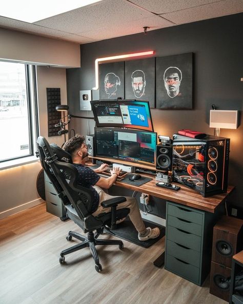 Modern Home Offices, Home Studio Setup, Bedroom Setup, Creative Office, Computer Room, Video Studio, Gaming Room Setup, Studio Room, Gamer Room