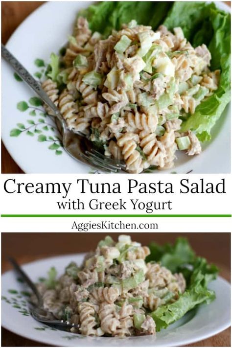 A healthy Greek-yogurt based whole grain pasta salad packed with protein. This tuna pasta salad is a great option for quick lunches or dinners. #pastasalad #tunasalad #greekyogurt #aggieskitchen Tuna Pasta Salad Greek Yogurt, Easy Cold Pasta Salad Recipes Healthy Greek Yogurt, Tuna Pasta Salad Recipes, Creamy Tuna Pasta, Healthy Tuna, Cold Pasta Salad Recipes, Tabbouleh Salad, Healthy Greek Yogurt, Tuna Salad Pasta