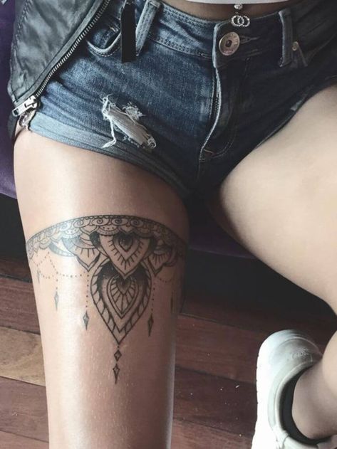 18 Sexy Thigh Tattoos for Women in 2022 and Beyond Henna Thigh Tattoo, Inner Thigh Tattoos, Front Thigh Tattoos, Thigh Tats, Thigh Garter Tattoo, Thigh Band Tattoo, Thigh Tattoos For Women, Small Thigh Tattoos, Upper Leg Tattoos