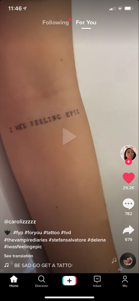 I Was Feeling Epic Tattoo Tvd, I Was Feeling Epic Tattoo, Vampire Diaries Tattoo, I Was Feeling Epic, Nyc Tattoo, Epic Tattoo, Small Tattoo, Damon Salvatore, Tattoo Idea