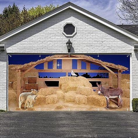 Western Photo Backdrop, Photo Backdrop Outdoor, Garage Door Christmas Decorations, Winter Party Decor, Barn Backdrop, Nativity Stable, Winter Party Decorations, Backdrop Christmas, Western Photo