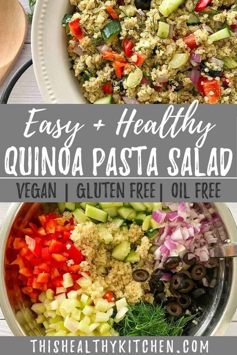 Quinoa Pasta Salad Recipes, Pasta And Quinoa Salad, Oil Free Gluten Free Vegan Recipes, Quinoa Pasta Salad, Pasta Salad Healthy, Potluck Food, Florida Recipes, Mediterranean Cooking, Classic Pasta Salad