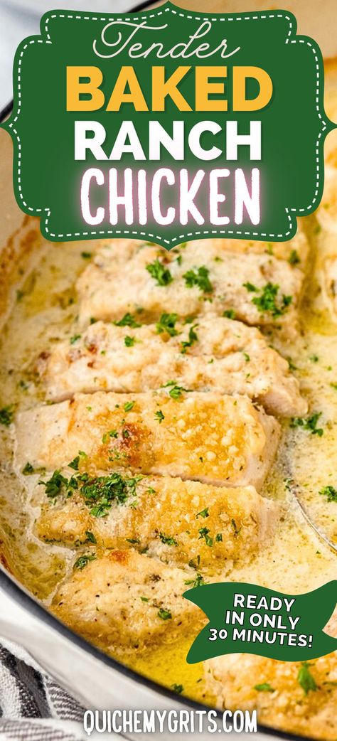 Close-up of baked ranch chicken, sliced and served with a creamy sauce. Ranch Dressing Chicken Recipes, Ranch Dressing Mix Recipe, Ranch Dressing Chicken, Baked Ranch Chicken, Chicken Breast Cutlet, Ranch Chicken Recipes, Oven Baked Chicken Breasts, Chicken Breast Recipes Baked, Ranch Salad