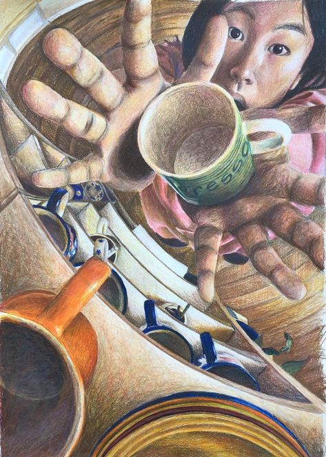 Ap Art Colored Pencil, College Art Portfolio Inspiration, Alevel Art Theme Ideas, Reflections Art Gcse, Perspective Art Painting, Distorted Portraiture, Art Portfolio Ideas College, Ap Art Portfolio Ideas, College Art Portfolio