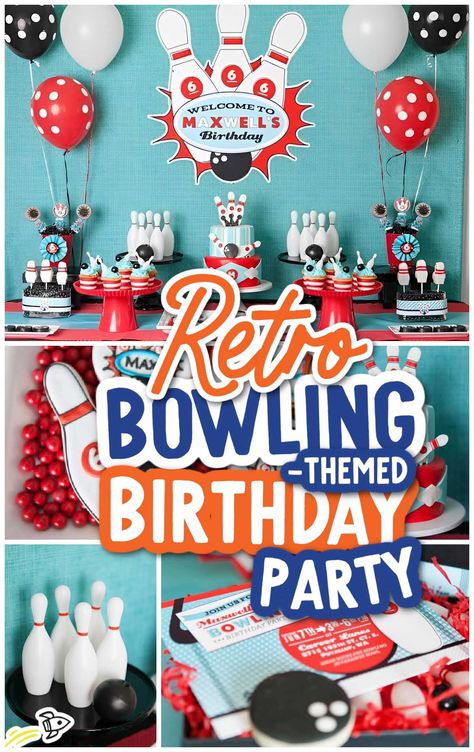 A Retro Bowling-Themed Birthday Party 40th Birthday Bowling Party, Retro Bowling Party, Bowling Birthday Party Ideas, Bowling Birthday Party Decorations, Bowling Themed Birthday Party, Bowling Party Ideas, Bowling Alley Party, Bowling Party Themes, Bowling Party Decorations