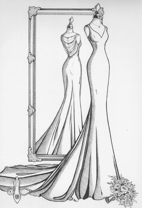 Mirror Sketch, View Sketch, Wedding Dress Drawings, Wedding Dress Illustrations, Sketches Fashion, Wedding Dress Sketches, Fashion Figure Drawing, Fashion Illustrations Techniques, Fashion Drawing Sketches