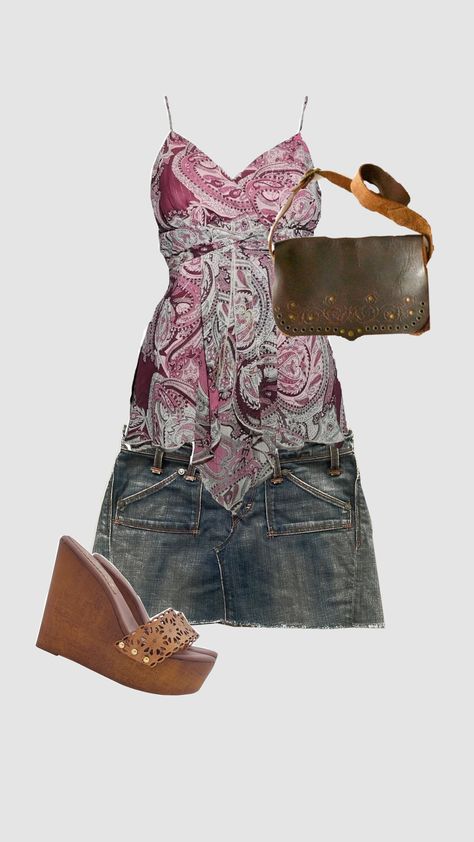 Warm y2k summer. #summer #y2k #girly Summer Y2k Fits, Y2k Outfits Summer, Y2k Fits, Y2k Summer, Paisley Top, Girlie Style, Y2k Outfits, Silver Sparkle, Paisley Pattern