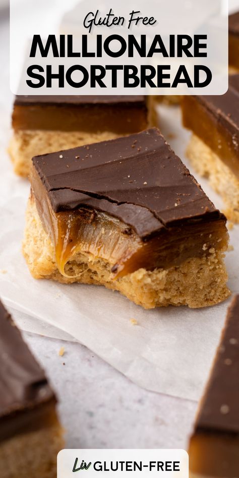 With a thick shortbread base, gooey homemade caramel centre, and crisp chocolate top, this gluten-free and dairy-free millionaire shortbread is the rich and decadent dessert of your dreams. Millionaire Shortbread Bars, Millionaire Shortbread Recipe, Gluten Free Shortbread, Easy Bar Recipes, Chocolate Cobbler, Millionaire Shortbread, Gooey Caramel, Buttery Shortbread, Shortbread Bars