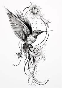 Hummingbird Flower Temporary Tattoos Unique Tattoo Hands Party Favors for Kids Fake Face Tattoos 6 Pcs Humming Bird In Flowers Tattoo, Hummingbird Tattoo With Flowers Black And White, Hummingbird Holding Flower Tattoo, Hummbird And Flower Tattoo, Trippy Hummingbird Tattoo, Live Tattoo, Wrap Around Tattoo, Tattoos Unique, Party Favors For Kids