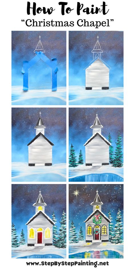 How To Paint A "Christmas Chapel" - Acrylic Painting Tutorial Diy Santa Paintings On Canvas, Sip And Paint Ideas Christmas, Christmas Art Tutorials, Acrylic Christmas Paintings Tutorials, Winter Sip And Paint Ideas, Christmas Painting Party Ideas, How To Paint Santa, Christmas Diy Paintings, Winter Acrylic Paintings Step By Step