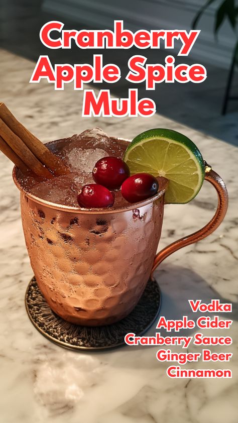 Cranberry Apple Spice Mule Mule Cocktail Recipes, Vodka Apple Cider, Mule Variations, Thanksgiving Apple Cider, Cranberry Cocktails, Cranberry Cocktail Recipe, Apple Cidar, Cranberry Moscow Mule, Ginger Beer Cocktail