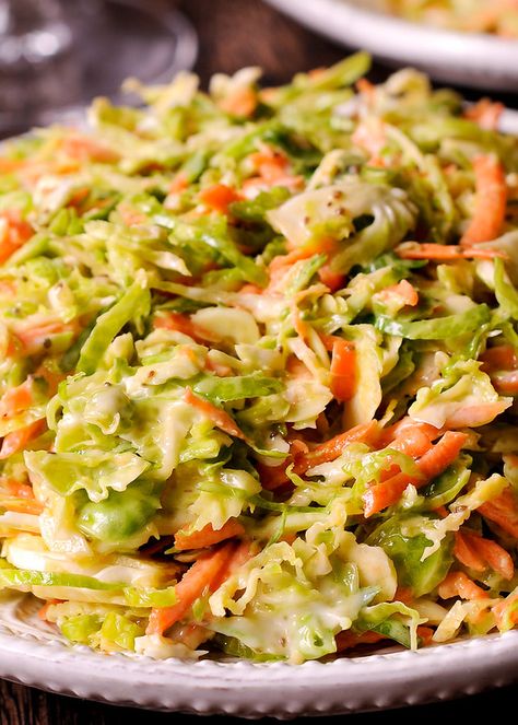 Brussel Sprout Coleslaw, Brussel Sprout Slaw, Traditional Coleslaw Recipe, Creamy Horseradish, How To Make Bbq, Shredded Bbq Chicken, Easy Coleslaw, Winter Veggies, Meatless Meal