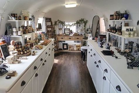 Mobile Apothecary, Airstream Boutique, Mobile Boutique Ideas, Mobile Fashion Truck, Caravan Shop, Apothecary Decor, Skincare And Makeup Products, Fashion Truck, Truck Business