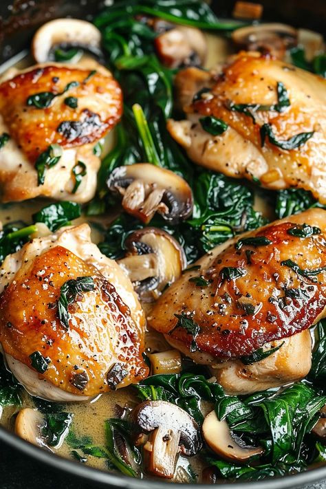 Savory Chicken Spinach Mushroom Skillet Spinach Mushroom Chicken Healthy, Sauteed Spinach And Chicken, Grilled Chicken And Mushroom Recipes, Chicken Sage Meatballs, Healthy Meals With Mushrooms, Chicken Mushrooms Spinach Recipes, Kale And Chicken Recipes, Chicken And Spinach Recipes Healthy, Spinach And Chicken Recipes