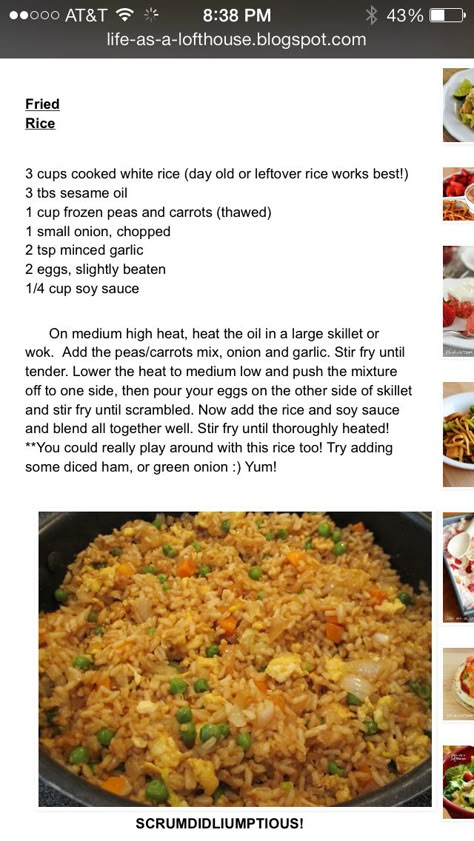 Fried Rice.............. rice (3c), sesame oil, frozen peas/ carrots, onion, garlic, 2eggs, soy sauce Recipes Meatless, Hmong Food, Hearty Recipes, Yum Sauce, Food Chinese, Chinese Recipe, Mapo Tofu, Nice Recipes, Griddle Cooking