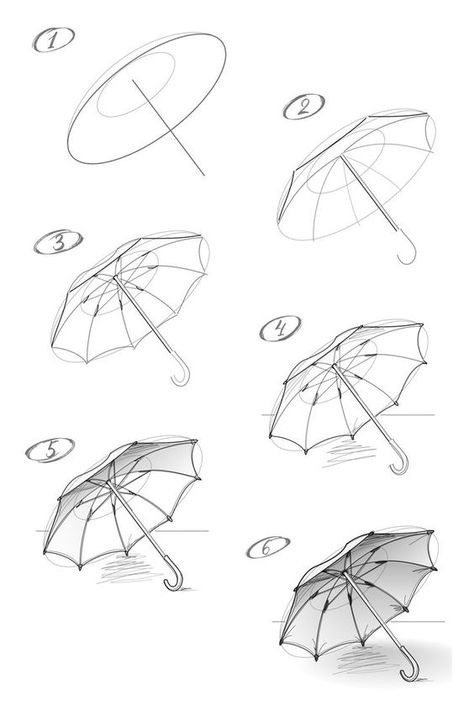 Parasol Drawing Reference, Drawing An Umbrella, Umbrella Sketch Design, How To Draw A Umbrella, Umbrella Design Drawing, How To Draw Umbrella Step By Step, How To Draw Sketches Step By Step, Drawing Beginners Step By Step, Beginners Art Ideas To Draw