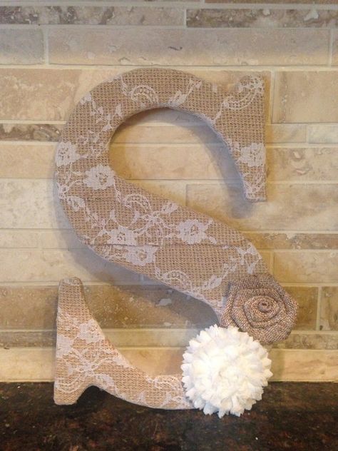 9.5" lace burlap letter with flowers  bridal shower, baby shower and nursery decor Letter With Flowers, Burlap Wedding Decorations, Rustic Burlap Wedding, Burlap And Lace, Fleurs Diy, Diy Burlap, Burlap Lace, Rustic Bridal, Burlap Wedding