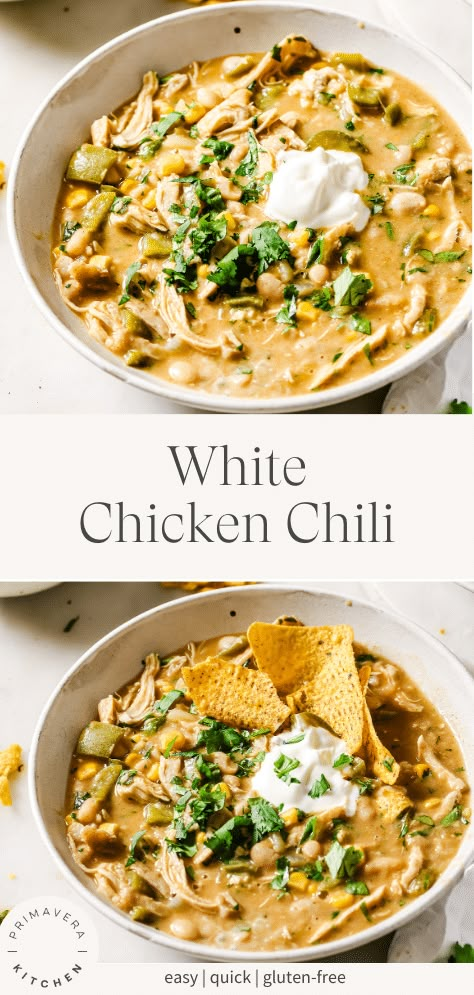 This flavorful White Chicken Chili features tender rotisserie chicken, hearty white beans, and a delicious, creamy broth. Ready in under an hour, it's the perfect easy recipe for a weeknight dinner or healthy lunch. #whitechili #whitechickenchili #chickenchilirecipe White Chicken Chili With Rotisserie, Side Meals, Delish Dinners, Slow Cooker Chicken Chili, Chicken Chili Recipe, Savory Soups, Rotisserie Chicken Recipes, White Chicken Chili, Soup Season