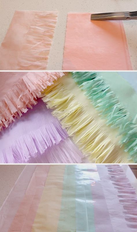 Diy Pastel Rainbow Decorations, Pastel Themed Birthday Party Decorations, Fringe Photo Backdrop, Make Fringe, Unicorn Baby Shower Theme, Pastel Rainbow Party, Rainbow Party Decorations, Rainbow First Birthday, Rainbow Parties