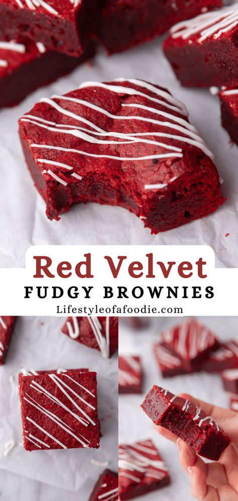 These fudgy red velvet brownies are an easy chocolatey treat that will be perfect when that sweet tooth hits! Red Velvet Brownies Recipe, Velvet Fudge, Red Velvet Fudge, Velvet Brownies, Red Velvet Brownies, Idee Pasto, Recipes Baking, Brownies Recipe, Easy Baking Recipes Desserts