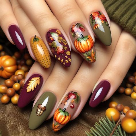 Fall Nails Fall Gnome Nails, Pie Nail Art, Acorn Nails, Thanksgiving Nails Design, Winter Nail Art Designs, Fall Thanksgiving Nails, Thanksgiving Nail Designs, Thanksgiving Nail, Fall Gnome