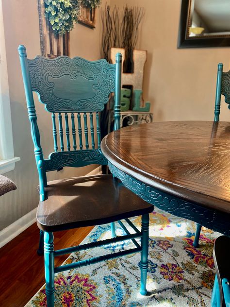 Painted Antique Table And Chairs, Kitchen Table Chairs Makeover, Fun Dining Room Table, Refurbished Circle Dining Table, Vintage Wooden Chairs Makeover, Painted Dining Chairs With Wood Table, Blue Painted Chairs, Press Back Chair Makeover, Wood Dining Chairs Makeover