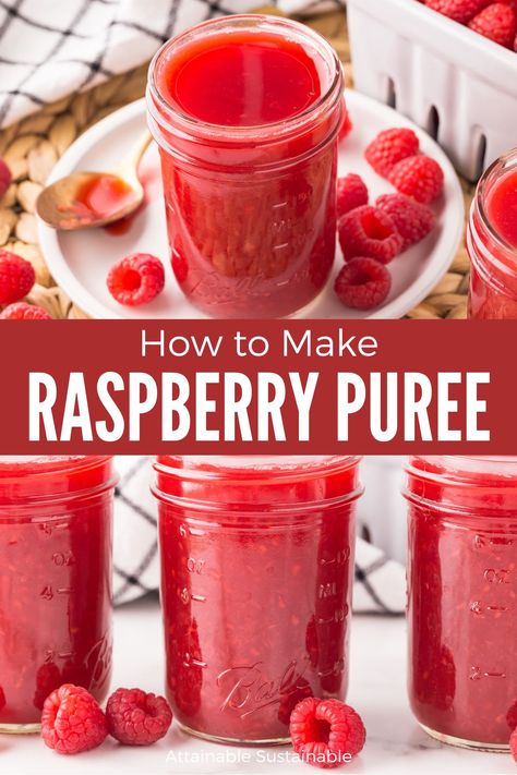 jars of bright pink raspberry puree. What To Do With Fresh Raspberries, Preserving Raspberries, Raspberry Puree Recipe, What To Do With Raspberries, Fruit Puree Recipes, Recipes Using Raspberry Puree, How To Make Fruit Puree, Freezing Raspberries, Raspberry Preserves Recipe