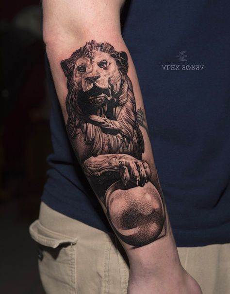 Lion Statue Tattoo, Statue Tattoo Design, Armband Tattoos For Men, Atlas Tattoo, Dragon Tattoo Art, Mens Lion Tattoo, Lion Statue, Lion Head Tattoos, Statue Tattoo