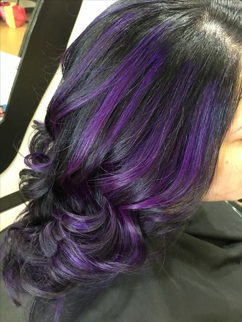 Types Of Purple Hair Colour, Voliet Color Hair, Purple Hair Designs, Long Black And Purple Hair, Grunge Hair Dye Ideas Purple, Skunk Hair Dye Purple, Chunky Purple Highlights On Dark Hair, Purple And Brown Hair Ideas, Purple Chunky Highlights Black Hair