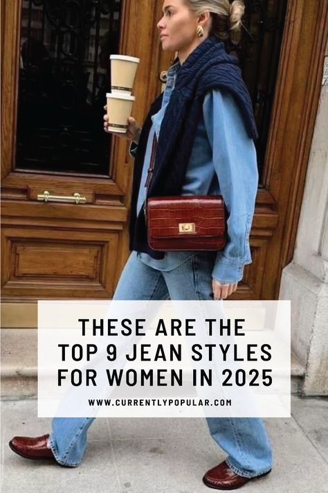 Discover the top 9 jean styles every woman needs in 2025! From classic high-rise to trendy wide-leg and vintage-inspired cuts, we’ve rounded up versatile options for all body types and styles. Find out which jeans will become your new go-tos and keep your wardrobe on-trend this year! Hipster Jeans Women, Jean And Shoes Guide, 90s Flair Jeans Outfit, Jeans To Have In Your Closet, Latest Jeans For Women, Trending Jeans 2025, Jeans Over 40 Outfit, Jeans Trends 2024 Fall, Jean Length Guide Style