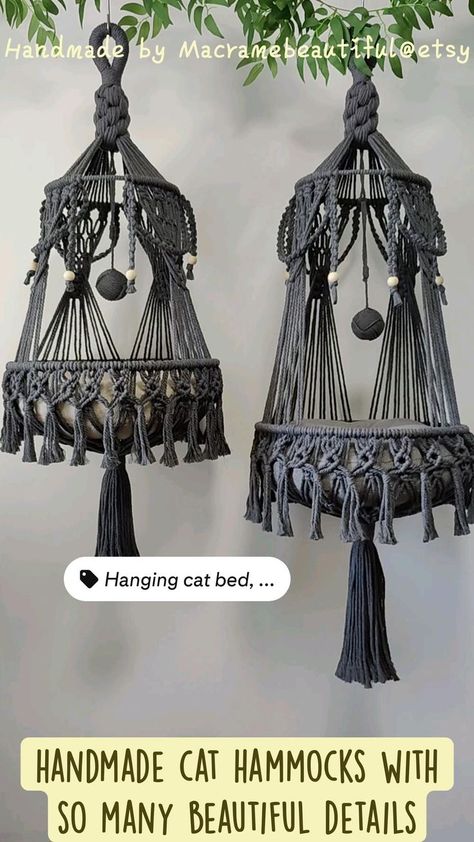 handmade cat hammocks with so many beautiful details in 2022 | Macrame patterns, Macrame design, Cat bed Crochet Cat Cave, Tree Macrame, Hanging Cat Bed, Macrame Cat Hammock, Macrame Hammock, Diy Cat Tree, Cat Wall Furniture, Cat House Diy, Makramee Diy