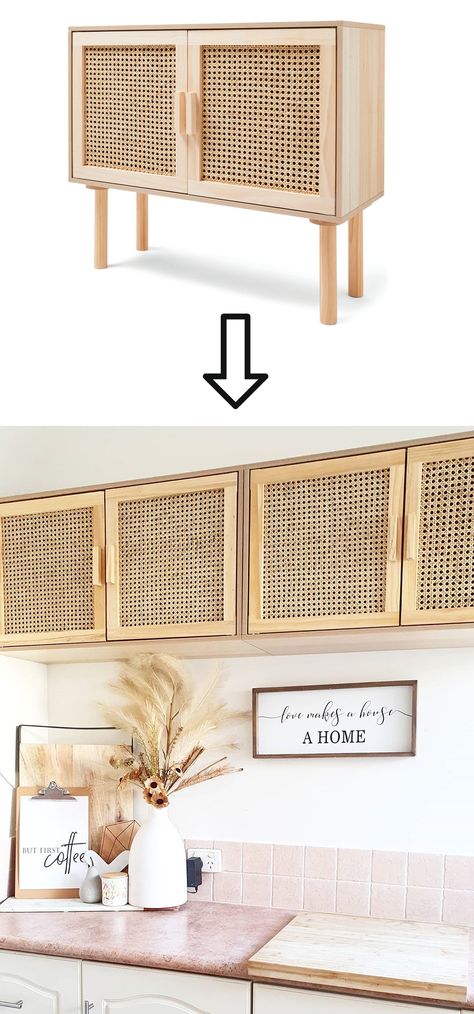 Click for details on how to convert Kmart's $59 Rattan Sideboard into overhead kitchen cabinets! Rattan Furniture Kitchen, Built In Rattan Cabinets, Rattan Floating Cabinet, Rattan Kitchen Cabinets Diy, Rattan Laundry Room, Kmart Rattan Sideboard Hack, Caned Kitchen Cabinets, Rattan Kitchen Cabinet Doors, Rattan Cabinet Kitchen