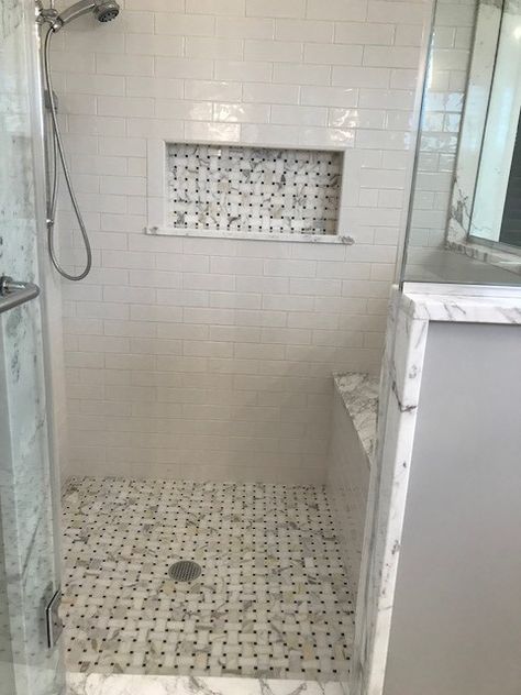 Shower floor tile is Calacatta Vagli honed with basket weave. Basket Weave Tile Shower Floor, Basketweave Tile Floor Bathroom, Basket Weave Tile Bathroom Ideas, Basket Weave Bathroom Floor, Basket Weave Shower Floor, Basket Weave Tile Bathroom, Basketweave Tile Bathroom, Basketweave Tile Floor, Hannah House