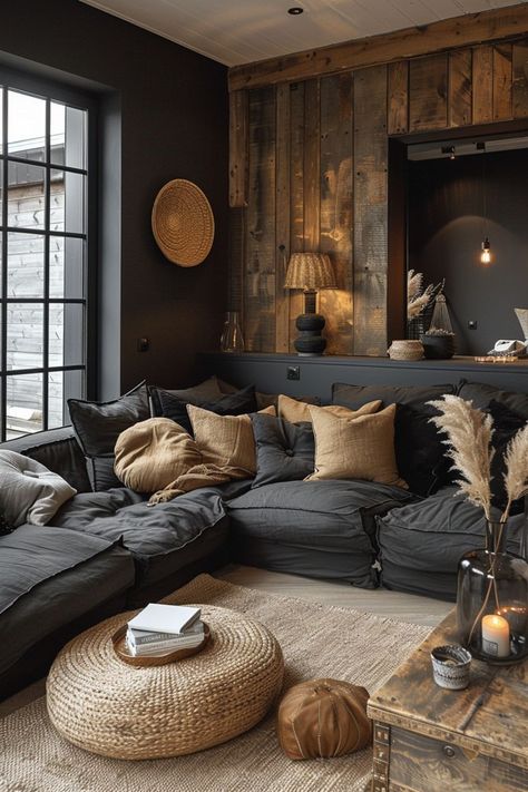 Dark Living Room Aesthetic Luxury, Dark Cozy House Aesthetic, Black Living Room Inspiration, Dark Gray Sectional Living Room Decor, Cosy Lounge Room, Moody Rustic Living Room, Dark And Cozy Living Room, Black And White Aesthetic Living Room, Dark Contemporary Living Room