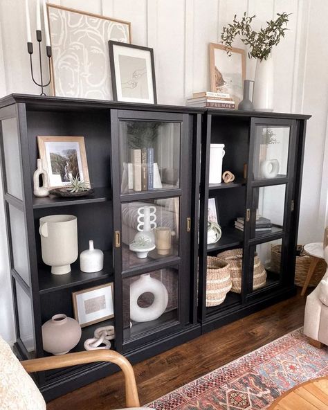 Santales Curio Cabinet Black/White, Neutral Home Decor and Shelf Styling #homedecor #neutral #shelf #style Shelves Divider, Glass Cabinet Decor, Curio Cabinet Decor, Black Glass Cabinet, Living Room Display Cabinet, Black Display Cabinet, Display Cabinet Decor, Kathleen Post, Library Office