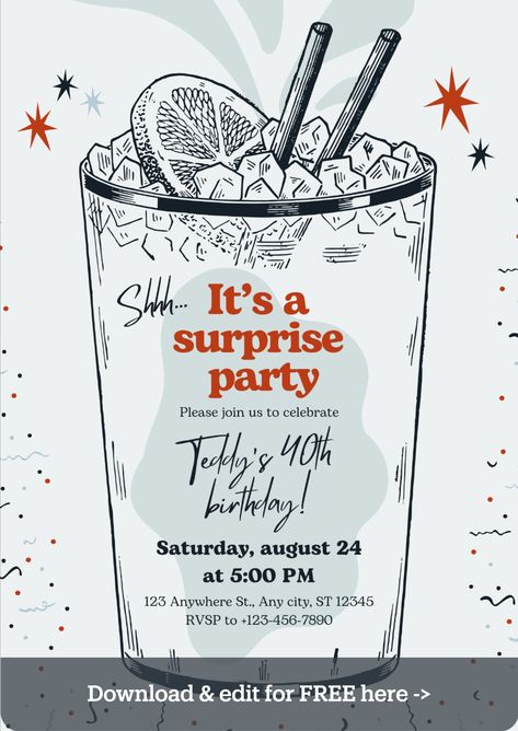 Orange Minimalist, Virtual Invitations, Surprise Birthday Party, Birthday Surprise Party, Surprise Party, Birthday Surprise, Free Templates, Blue Orange, Birthday Invitations