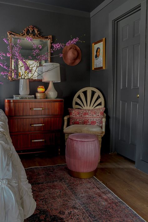 Pottery Barn Vanity, Vintage Paint Colors, Black Iron Beds, Benjamin Moore Wrought Iron, Iron Bed Frame, Bedroom Updates, Living Room Update, My Old Kentucky Home, Primary Bedroom