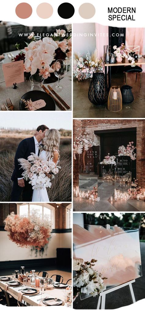 Black Blush And Rose Gold Wedding, Rose Gold And Black Wedding Decor, Rose Gold Black Wedding Theme, Wedding Color Palette Black And White, Black And Rose Gold Wedding Theme, Rose Gold Wedding Theme Color Schemes, Fall Wedding Rose Gold, Rose Gold And Black Wedding Theme, Rose Gold And Black Party Theme