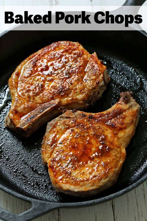 These oven baked pork chops are juicy and flavorful. They're ready in about 30 minutes, making them the ideal choice for a weeknight dinner! Cast Iron Baked Pork Chops, Thick Pork Chop Recipes Baked Bone In, 1 Inch Thick Bone In Pork Chops, How To Make Pork Chops In The Oven, Thick Pork Chops In The Oven, Baked Brown Sugar Pork Chops, Pork Chops With Bone In The Oven, Shake And Bake Pork Chops Oven, Moist Pork Chops Oven