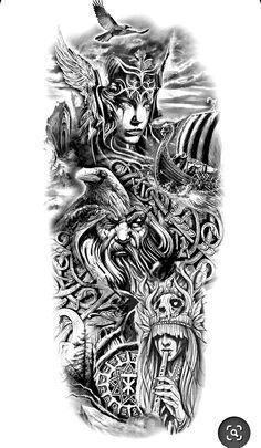 Norse Mythology Tattoo Sleeve Men, Nordic Mythology Tattoo Sleeve, Norse Woman Tattoo, Viking Tattoo Sleeve For Women, Norse Valkyrie Tattoo, Viking Sleeve Tattoo Design, Nordic Gods Tattoo, Valkyrie Tattoo Design Norse Mythology, Viking Theme Tattoo