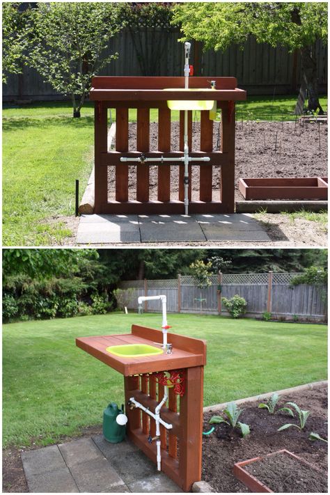 Garden Wash Stand. Designed and built in 2009, featuring a removable sink, shower head, front tap to fill watering cans, and 2 garden side taps for attaching drip line hoses. Diy Outdoor Sink, Outdoor Sink, Garden Sink, Outdoor Sinks, Wash Stand, Front Porch Ideas Curb Appeal, Watering Cans, Front Porch Ideas For Mobile Homes, Small Front Porches