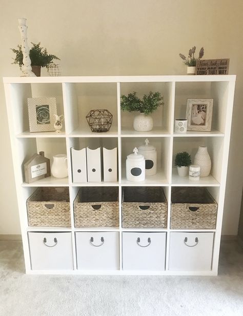 Bottom shelves with extra storage Storage Unit Decor Ideas, Minimalist Cube Storage, Ikea 16 Cube Storage Ideas, Box Cube Storage, Square Storage Shelves Cubbies, Cube Shelf Room Divider, Cube Divider Ideas, Kallax Cupboard, Cube Unit Decor